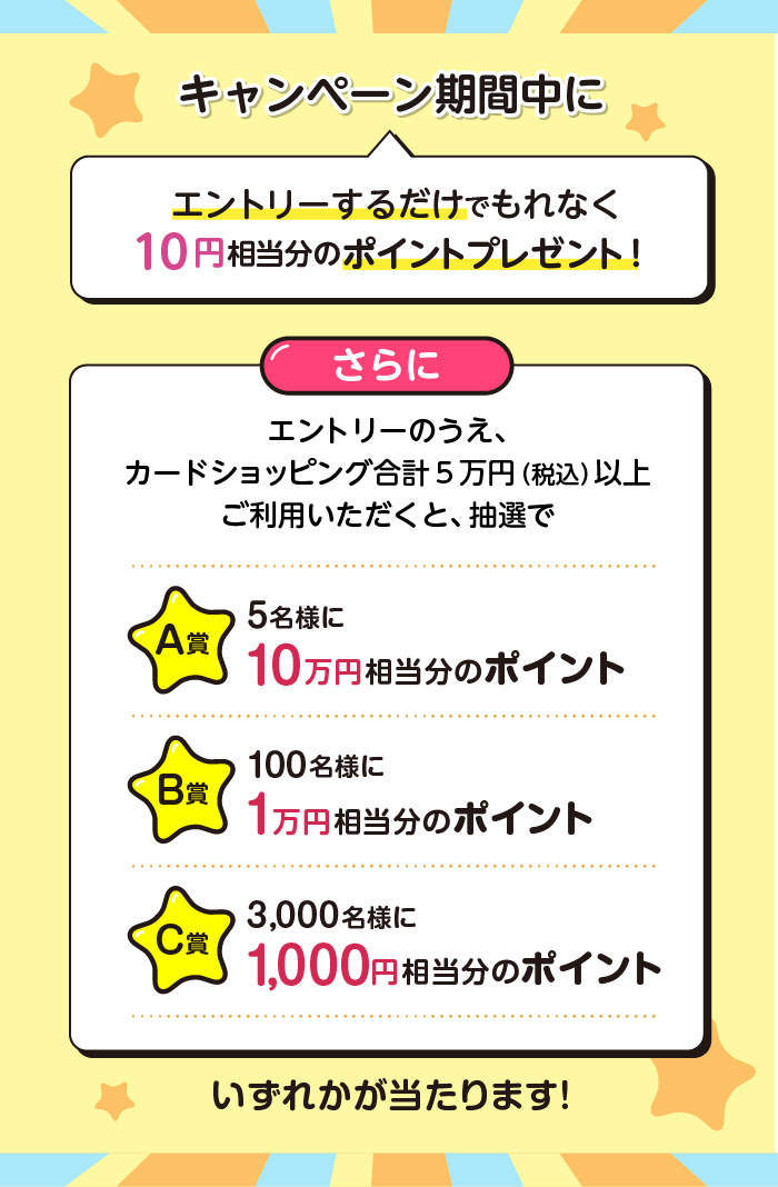 キャンペーン期間中に
エントリーするだけでもれなく10円相当分のポイントプレゼント！
さらに
エントリーのうえ、カードショッピング合計5万円（税込）以上ご利用いただくと、抽選で
【A賞】 5名様に10万円相当分のポイント
【B賞】 100名様に1万円相当分のポイント
【C賞】 3,000名様に1,000円相当分のポイント
いずれかが当たります！