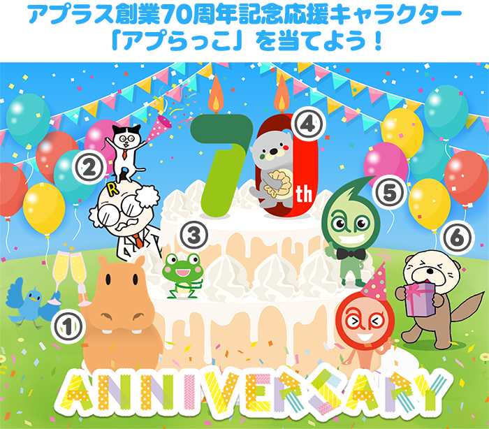 アプラス創業70周年記念応援キャラクター「アプらっこ」を当てよう！
過去のアプラスのサービスに関するキャラクターたちのイラスト