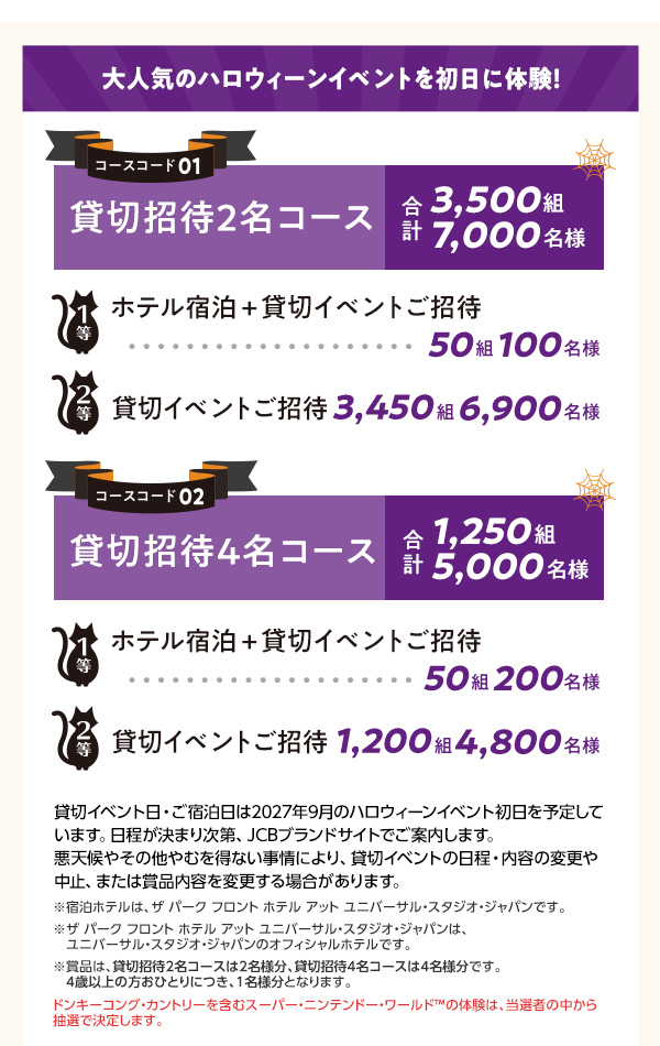 ■大人気のハロウィーンイベントを初日に体験！
コースコード01：貸切招待2名コース　合計3,500組7,000名様
1等:ホテル宿泊＋貸切イベントご招待 50組100名様
2等:貸切イベントご招待 3,450組6,900名様

コースコード02：貸切招待4名コース　合計1,250組5,000名様
1等:ホテル宿泊＋貸切イベントご招待 50組200名様
2等:貸切イベントご招待 1,200組4,800名様

貸切イベント日・ご宿泊日は2027年9月のハロウィーンイベント初日を予定しています。日程が決まり次第、JCBブランドサイトでご案内します。悪天候やその他やむを得ない事情により、貸切イベントの日程・内容の変更や中止、または賞品内容を変更する場合があります。

※宿泊ホテルは、ザパークフロントホテルアットユニバーサル・スタジオ・ジャパンです。※ザパークフロントホテルアットユニバーサル・スタジオ・ジャパンは、ユニバーサル・スタジオ・ジャパンのオフィシャルホテルです。※賞品は、貸切招待2名コースは2名様分、貸切招待4名コースは4名様分です。4歳以上のおひとりにつき、1名様となります。

ドンキーコング・カントリーを含むスーパー・ニンテンドー・ワールド™の体験は、当選者の中から抽選で決定します。

貸切日のスケジュール
2:00PM入場開始 6:30PM～10:00PM JCB貸切 パーク内のアトラクションを貸切！ 

■お好きな1日にパークを満喫しよう！
コースコード03:スタジオ・パスコース 1,000組2,000名様
1デイ・スタジオ・パス（ペア）＋JCBエクスプレス・パス1（4枚） ※有効期間は約1年です。

JCBエクスプレス・パス1は、アトラクションひとつをスムーズに体験できるチケットです。
※JCBエクスプレス・パス1について詳しくは、JCBブランドサイトのキャンペーン詳細ページをご覧ください。