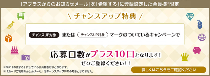チャンスアップ特典
「アプラスからのお知らせメール」を「希望する」に登録設定した会員様限定
応募口数がプラス10口となります。
ぜひご登録ください!!
※既に「希望する」にしている会員様も対象となります。
※「カードご利用あんしんメール」はチャンスアップ特典となりません。