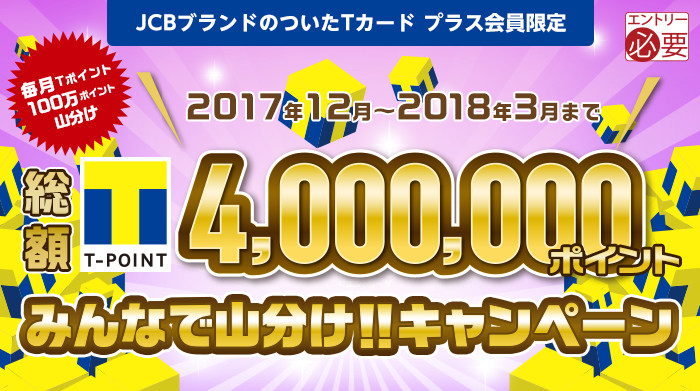 総額Tポイント4,000,000ポイントみんなで山分け!!キャンペーン