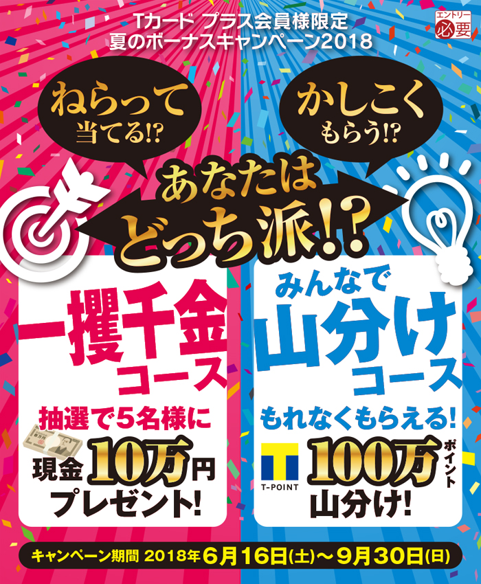 【Tカード プラス会員様限定】ねらって当てる!?かしこくもらう!?あなたはどっち派!? キャンペーン