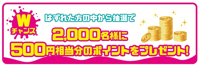 Wチャンス、はずれた方の中から抽選で2,000名様に500円相当分のポイントをプレゼント