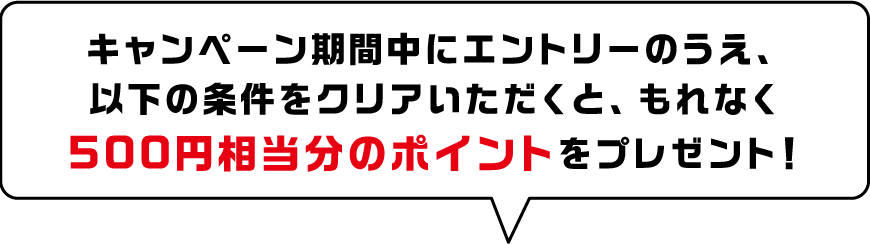 キャンペーン期間中にエントリーのうえ、以下の条件をクリアいただくと、もれなく500円相当分のポイントをプレゼント！