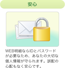 安心 WEB明細ならIDとパスワードが必要なため、あなたの大切な個人情報が守られます。誤配の心配もなく安心です。 