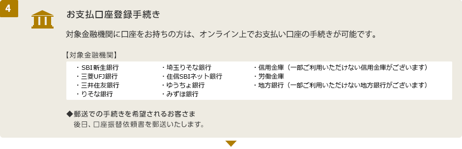 (4) お支払口座登録手続き　対象金融機関に口座をお持ちの方は、オンライン上でお支払い口座の手続きが可能です。【対象金融機関】・新生銀行・三菱東京UFJ銀行・三井住友銀行・りそな銀行・埼玉りそな銀行・住信SBIネット銀行・ゆうちょ銀行・みずほ銀行・信用金庫（一部ご利用いただけない信用金庫がございます。）・労働金庫・地方銀行（一部ご利用いただけない地方銀行がございます。）　◆郵送での手続きを希望されるお客さま　後日、口座振替依頼書を郵送いたします。