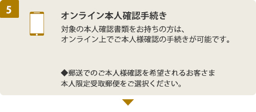 (5) オンライン本人確認手続き 対象の本人確認書類を持ちの方は、オンライン上でご本人確認の手続きが可能です。郵便でのご本人様確認を希望されるお客さま 本人限定受取郵便をご選択ください。