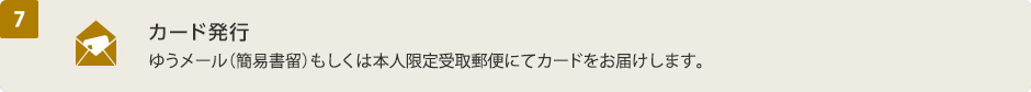 (7) カード発行　ゆうメール（簡易書留）もしくは本人限定受取郵便にてカードをお届けします。