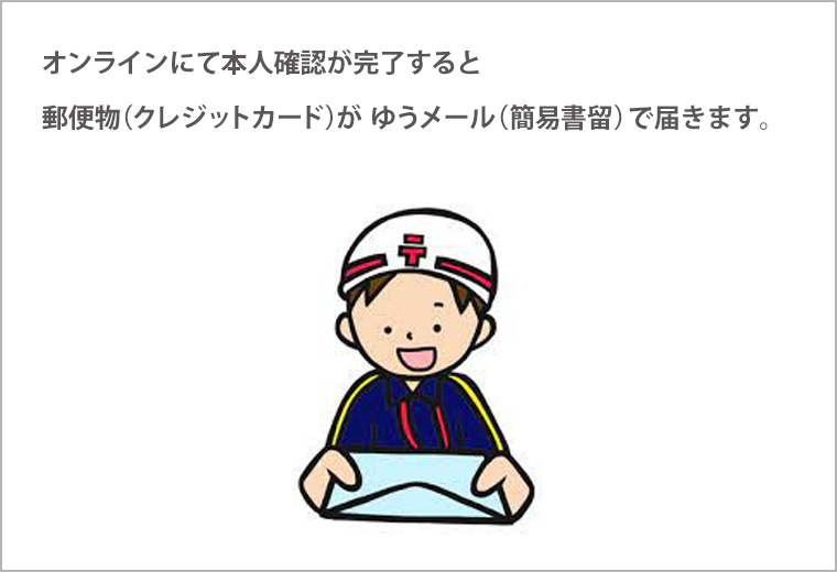 オンラインにて本人確認が完了すると郵便物（クレジットカード）がゆうメール（簡易書留）で届きます。