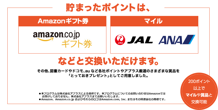 貯まったポイントは、Amazonギフト券マイルなどと交換いただけます。