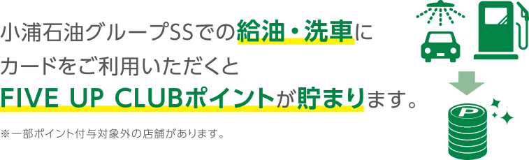 小浦石油グループSSでの給油・洗車にカードをご利用いただくとFIVE UP CLUBポイントが貯まります。