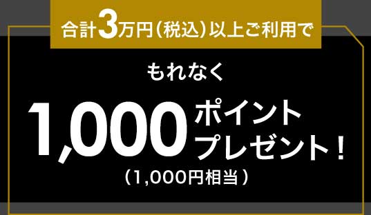 合計3万円（税込）以上ご利用でもれなく1000ポイント（1,000円相当）プレゼント！