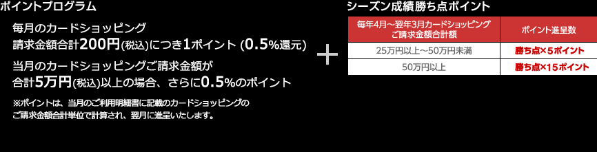 毎月のカードショッピング利用金額合計200円(税込)につき1ポイント（0.5％還元）