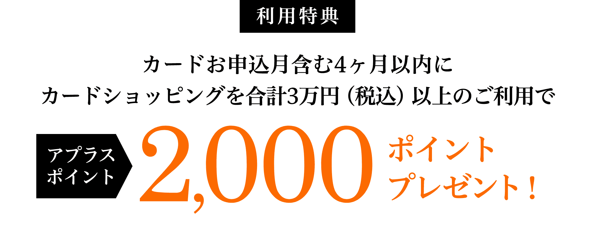 利用特典 カードお申込月含む4ヶ月以内にカードショッピングを合計3万円（税込）以上のご利用で アプラスポイント2,000ポイントプレゼント！