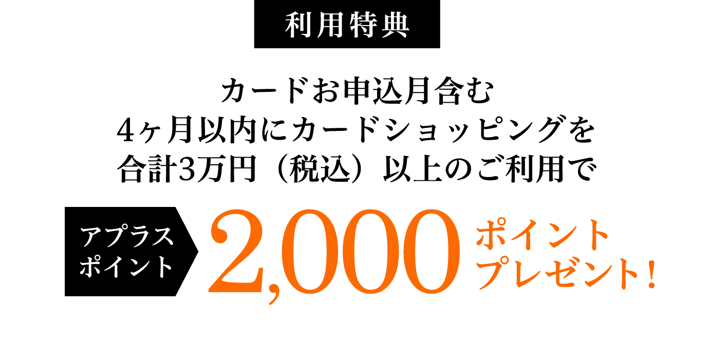 利用特典 カードお申込月含む4ヶ月以内にカードショッピングを合計3万円（税込）以上のご利用で アプラスポイント2,000ポイントプレゼント！