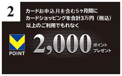 2 入会月＊を含む3ヶ月間にカードショッピングを合計30,000円（税込）以上のご利用でもれなく V-POINT 2000ポイントプレゼント