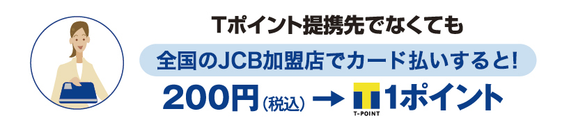 Tポイント提携先でなくても全国のJCB・Visa加盟店でカード払いすると!200円（税込）で1ポイント