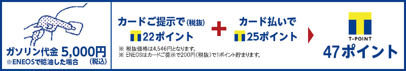 ガソリン代金 5,000円（税込） ※ENEOSで給油した場合 カードご提示で（税抜）23ポイント ＋ カード払いで25ポイント 合計48ポイント ※ENEOSはカードご提示で200円（税抜）で1ポイント貯まります。