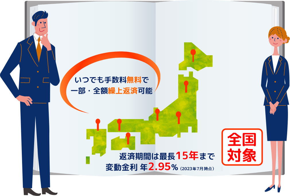 いつでも手数料無料で一部・全額繰上返済可能 返済期間は最長15年まで変動金利 年2.45%(2020年4月1日時点) 全国対象